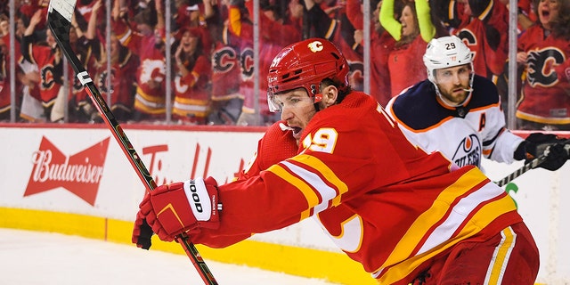 Matthew Tkachuk of the Flames celebrates after scoring against the Edmonton Oilers during the second round of the 2022 Stanley Cup Playoffs on May 18, 2022, in Calgary.