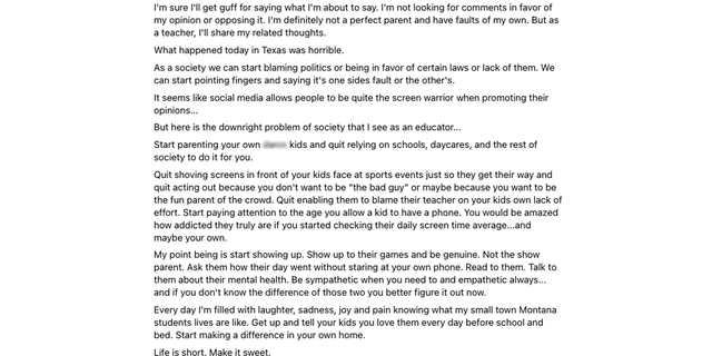 Facebook post from Montana teacher Payge Guenzler calling on parents to be involved in their kids' lives. 