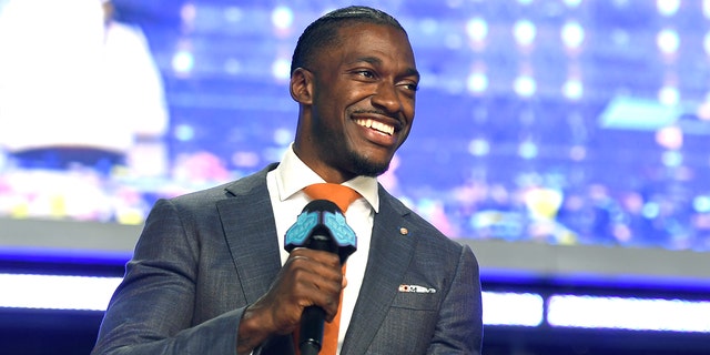 Robert Griffin III speaks onstage during round four of the 2022 NFL Draft on April 30, 2022 in Las Vegas, Nevada. 