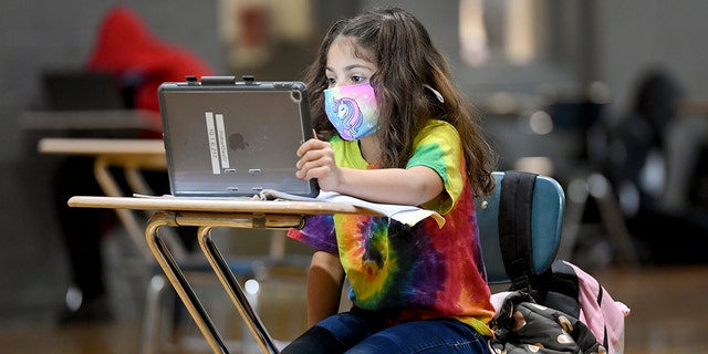 Christina Pagan, 7, does her school work using an iPad and a pencil with a workbook. 