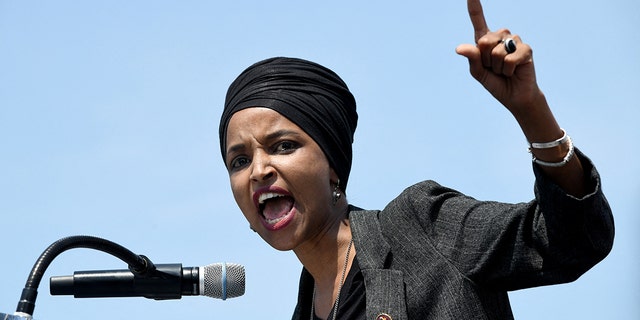 Rep. Ilhan Omar, D-Minn speaks at a "black women in defense of Ilhan Omar" event on April 30, 2019, on the West Front of the U.S. Capitol in Washington, D.C.