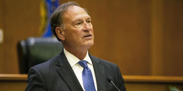 Supreme Court Justice Samuel Alito addresses the audience during the "The Emergency Docket" lecture Sept. 30, 2021, at the University of Notre Dame Law School in South Bend, Indiana.