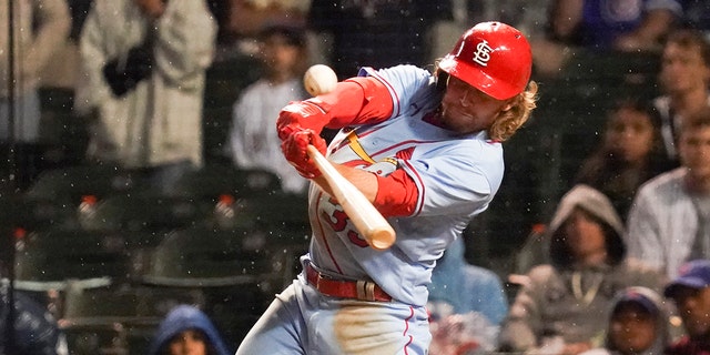 Brendan Donovan #33 of the St. Louis Cardinals hits a two RBI double during the tenth inning of Game Two of a doubleheader against the Chicago Cubs at Wrigley Field on June 04, 2022 in Chicago, Illinois. The Cardinals defeated the Cubs 7-4.