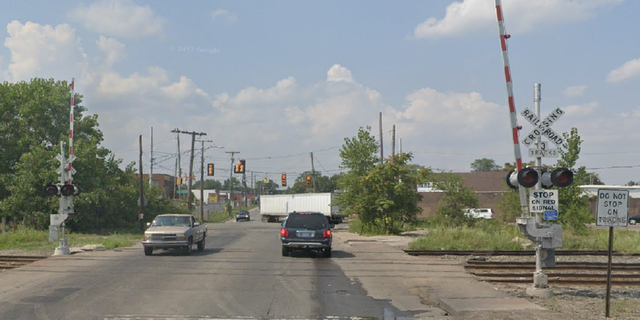 The rail crossing in Detroit, Michigan, where the car collided with an Amtrak train early Tuesday.