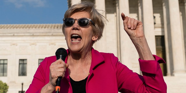 Sen. Elizabeth Warren, D-Mass., speaks during a protest outside of the U.S. Supreme Court Tuesday, May 3, 2022 in Washington. (AP Photo/Alex Brandon)