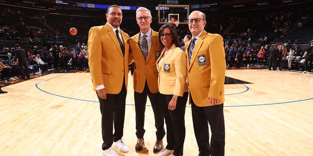 The ESPN Broadcast Crew, Mark Jackson, Mike Been, Lisa Salters, and Jeff Van Gundy pose for a photo before the NBA 75 Game between the Brooklyn Nets and the New York Knicks on April 6, 2022 at Madison Square Garden in New York City, New York.  