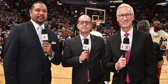 ESPN Analysts Mark Jackson, Jeff Van Gundy, and Mike Breen, pose for a photograph before the game between the Boston Celtics and the Miami Heat during Game 1 of the 2022 NBA Playoffs Eastern Conference Finals on May 17, 2022 at FTX Arena in Miami, Florida. 