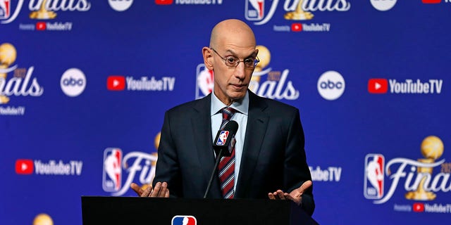 NBA Commissioner Adam Silver takes questions from reporters before the first game of the NBA finals between the Boston Celtics and Golden State Warriors in San Francisco, California, on June 2, 2022.