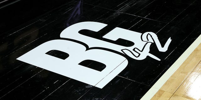 A floor decal at Michelob ULTRA Arena on May 8, 2022, in Las Vegas features the initials of Phoenix Mercury player Brittney Griner and her jersey number 42.