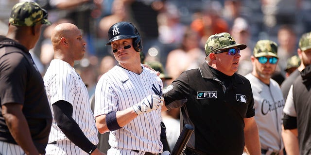 Josh Donaldson talks with Aaron Hicks and umpire Will Little after a benches-clearing dispute during the Chicago White Sox game at Yankee Stadium on May 21, 2022, in New York City.