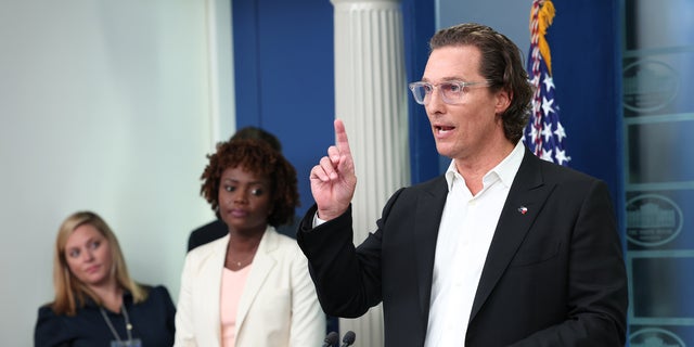 Actor Matthew McConaughey joins White House Press Secretary Karine Jean-Pierre during the daily news conference.