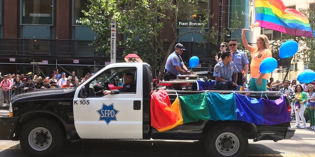 A San Francisco police vehicle during a Pride parade event.