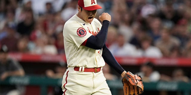 Los Angeles Angels starting pitcher Shohei Ohtani reacts after striking out Chicago White Sox's Josh Harrison to end the top of the fourth inning of a baseball game Wednesday, June 29, 2022, in Anaheim, Calif. 