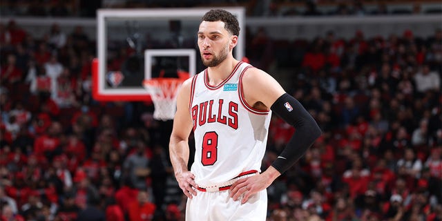Zach LaVine #8 of the Chicago Bulls looks on during Round 1 Game 3 of the 2022 NBA Playoffs against the Milwaukee Bucks on April 22, 2022 at United Center in Chicago, Illinois. 