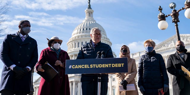 WASHINGTON, DC - FEBRUARY 4: Senate Majority Leader Chuck Schumer (D-NY) speaks during a press conference about student debt outside the U.S. Capitol on February 4, 2021 in Washington, DC. Also pictured, L-R, Rep. Mondaire Jones (D-NY), Rep. Alma Adams (D-NC), Rep. Ilhan Omar (D-MN), Sen. Elizabeth Warren (D-MA) and Rep. Ayanna Pressley (D-MA). (Photo by Drew Angerer/Getty Images)