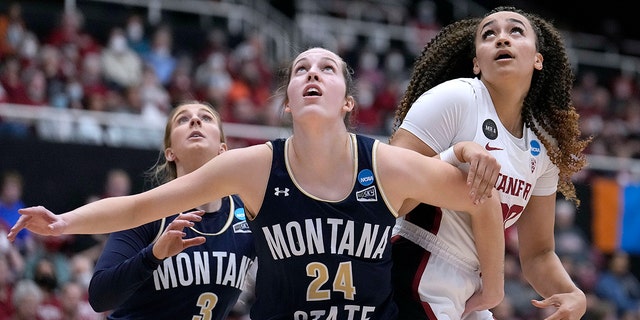 Montana State forward Taylor Janssen (24) battles for a rebound against Stanford guard Haley Jones, right, during the first half of a first-round game in the NCAA women's college basketball tournament Friday, March 18, 2022, in Stanford, Calif. 