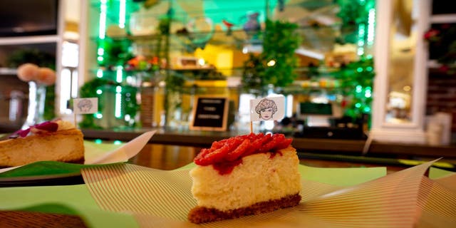 A piece of cheesecake is photographed at The Golden Girls Kitchen pop- up restaurant in Beverly Hills, California.