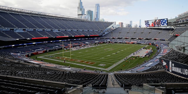 A general view of Soldier Field during the National Anthem before the Chicago Bears take on the Indianapolis Colts on October 04, 2020 in Chicago, Illinois.