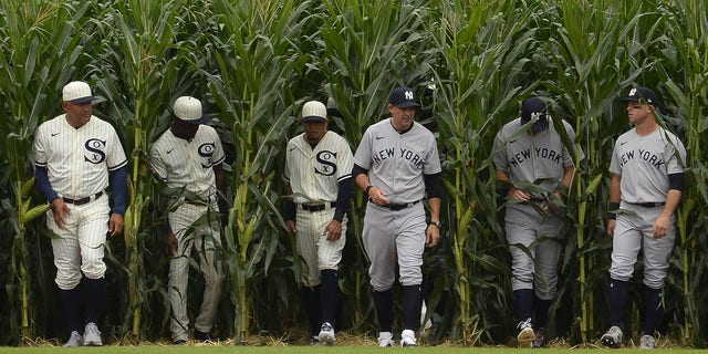 Players from the Chicago White Sox and New York Yankees walk through the corn rows while being introduced prior to the game on Aug. 12, 2021, at Field of Dreams in Dyersville, Iowa.