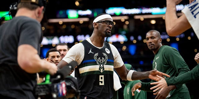 Bobby Portis #9 of the Milwaukee Bucks reacts after scoring the go-ahead basket in the fourth quarter of Game Five of the Eastern Conference Semifinals against the Boston Celtics at TD Garden on May 11, 2022 in Boston, Massachusetts.