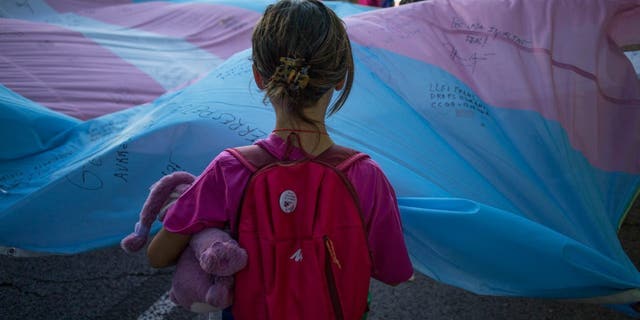 MADRID, SPAIN - 2022/07/09: A girl holds the Transgender Pride flag during the pride march held in one of the most important streets of Madrid. 