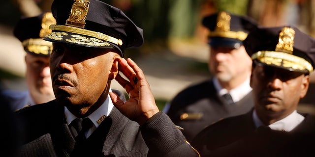Metropolitan Police Chief Robert Contee listens to a question from a reporter after U.S. Secret Service officers shot and killed a person who had trespassed onto the Peruvian Embassy earlier in the morning in the tony Chevy Chase neighborhood April 20, 2022 in Washington, DC.