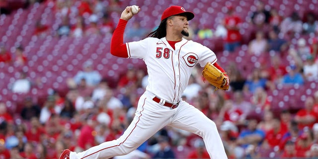 Luis Castillo of the Cincinnati Reds pitches during a game against the Miami Marlins at Great American Ball Park July 27, 2022, in Cincinnati. 