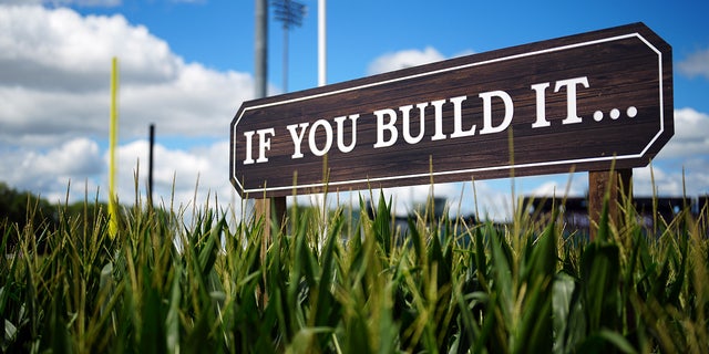 A view of the "If You Build It" sign prior to the game between the Cedar Rapids Bunnies and the Davenport Blue Sox at Field of Dreams on Tuesday, Aug. 9, 2022, in Dyersville, Iowa.