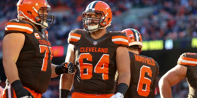 Cleveland Browns guard Joel Bitonio, #75, and Cleveland Browns center JC Tretter, #64, during a game between the Atlanta Falcons and Cleveland Browns on November 11, 2018, at FirstEnergy Stadium in Cleveland. 