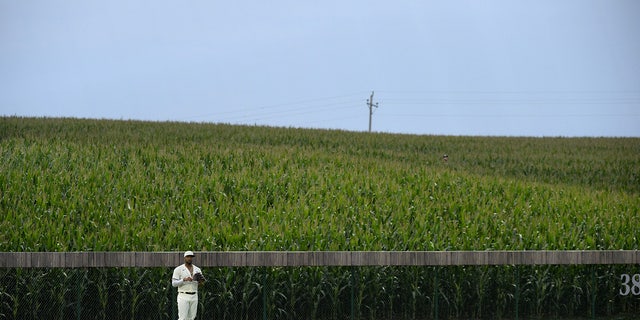 Eloy Jimenez, #74 of the Chicago White Sox, looks on while fielding against the New York Yankees on August 12, 2021 at Field of Dreams in Dyersville, Iowa. 