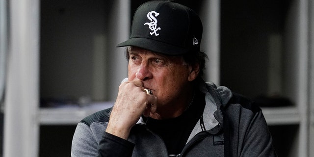 Chicago White Sox manager Tony La Russa looks to the field from the dugout before his team's game against the Texas Rangers in Chicago on June 10, 2022.
