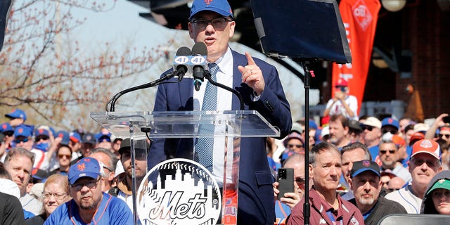 New York Mets owner Steven A. Cohen speaks at the Tom Seaver statue unveiling ceremony before a game against the Arizona Diamondbacks at Citi Field April 15, 2022, in New York City.  