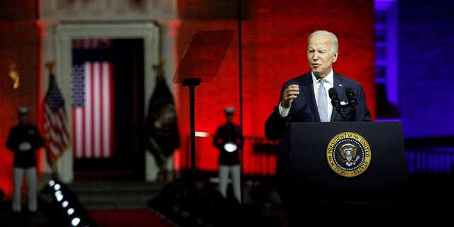 U.S. President Joe Biden, protected by bulletproof glass, delivers remarks on what he calls the "continued battle for the Soul of the Nation" in front of Independence Hall at Independence National Historical Park, Philadelphia, U.S., September 1, 2022. 