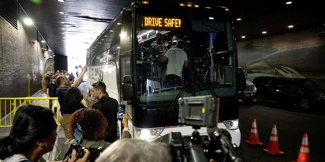 A bus with migrants on board, originating in Texas, arrives at Port Authority Bus Terminal in New York City on August 25, 2022. 