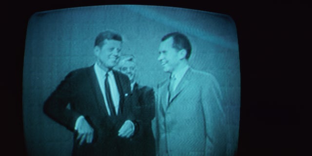 A televised picture, broadcast in May 1977, of American presidential candidates John F. Kennedy (1917-1963) and Richard Nixon (1913-1994) at a Chicago television studio for their debate on Sept. 26, 1960. The live broadcast was the first televised debate of two U.S. presidential candidates. 