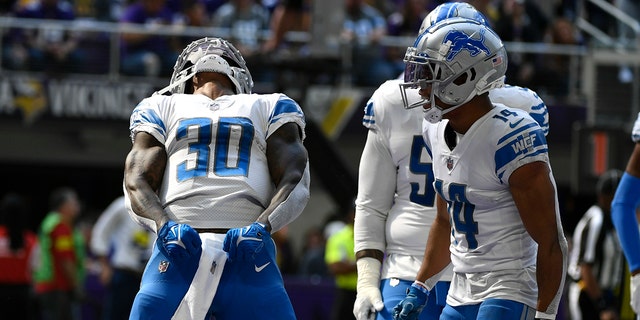 Detroit Lions running back Jamaal Williams (30) celebrates with teammates after scoring on a 2-yard touchdown run during the first half of an NFL football game against the Minnesota Vikings, Sunday, Sept. 25, 2022, in Minneapolis. 