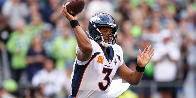 Russell Wilson #3 of the Denver Broncos passes during the first quarter against the Seattle Seahawks at Lumen Field on September 12, 2022, in Seattle, Washington.