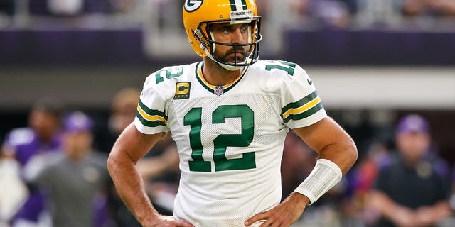 Aaron Rodgers of the Green Bay Packers on the field against the Minnesota Vikings at U.S. Bank Stadium Sept. 11, 2022, in Minneapolis. The Vikings defeated the Packers 23-7.