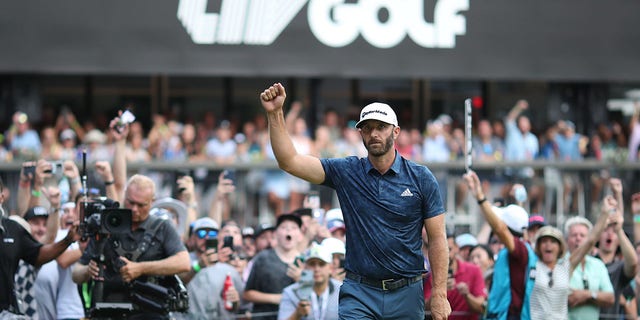 Team captain Dustin Johnson of 4 Aces GC celebrates after winning the LIV Golf Invitational-Boston on the first playoff hole at The Oaks course at The International in Bolton, Massachusetts, on Sept. 4, 2022.