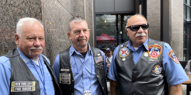 New York City fire riders (left to right) Greg Fagan, club president Jim Finnell and Sal Banchitta attended the Tunnel to Towers 5K post-run party in Manhattan after escorting runners through the Brooklyn-Battery Tunnel on Sunday, Sept. 25, 2022.