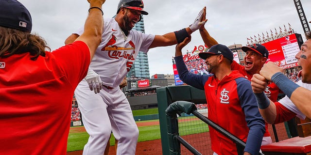 Albert Pujols of the St. Louis Cardinals is congratulated after hitting the go-ahead, two-run home run, his 695th career home run, against the Chicago Cubs in the eighth inning at Busch Stadium on Sept. 4, 2022, in St Louis, Missouri.