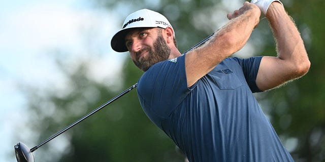 Dustin Johnson tees off during the final round of the Invitational Chicago LIV Golf tournament at Rich Harvest Farms on Sept. 18, 2022.