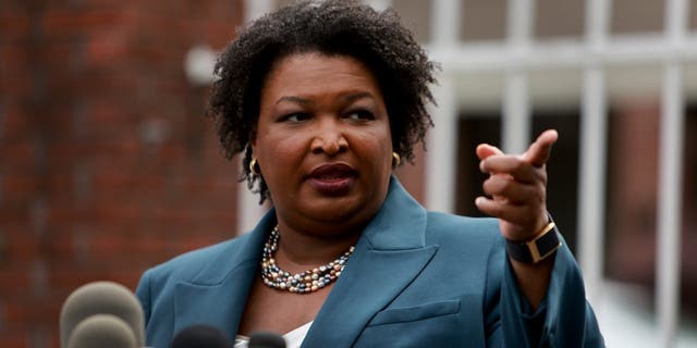 Democratic gubernatorial candidate Stacey Abrams speaks to the media at the Israel Baptist Church in Atlanta during the Georgia primary on May 24, 2022.