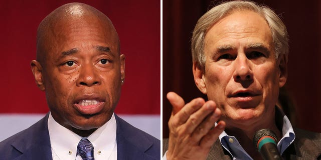 New York City Mayor Eric Adams, left, and Texas Gov. Greg Abbott have feuded over immigration amid an influx of migrants being bused from Texas to New York. 