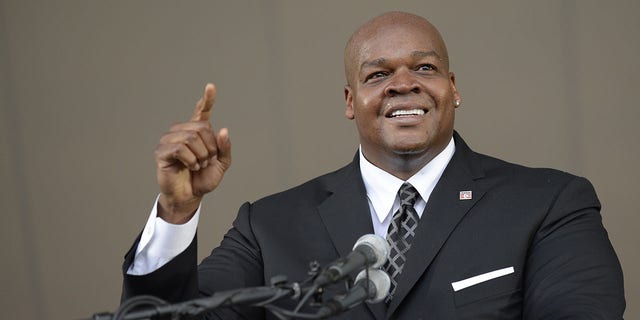 2014 Baseball Hall of Famer inductee Frank Thomas gives his acceptance speech during the 2014 HOF induction ceremonies held at the Clark Sports Center in Cooperstown, New York on July 27 2014.  