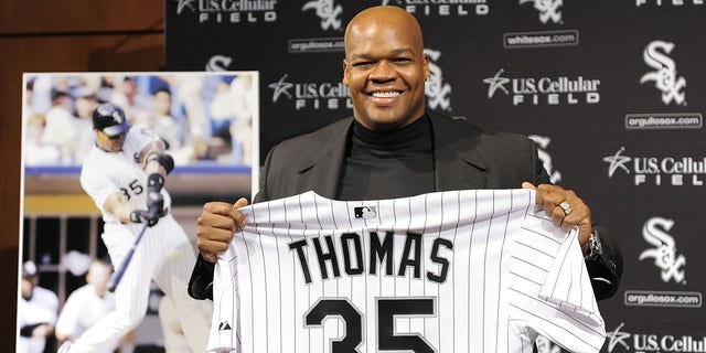 Former Chicago White Sox first baseman and designated hitter Frank Thomas #35 holds up his soon to be retired uniform number during a press conference to announce his retirement from Major League baseball on February 12, 2010 at U.S. Cellular Field in Chicago, Illinois.  Thomas played 16 years for the White Sox, from 1990 to 2005  