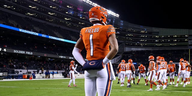 Justin Fields of the Chicago Bears is shown prior to the game against the Washington Commanders at Soldier Field on Oct. 13, 2022, in Chicago.