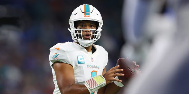 Tua Tagovailoa of the Miami Dolphins looks to pass against the Detroit Lions, Oct. 30, 2022, in Detroit.