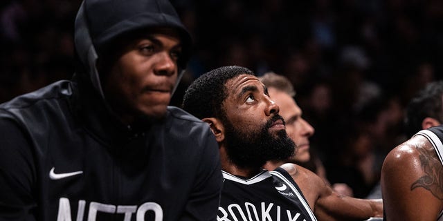 Kyrie Irving of the Brooklyn Nets looks on from the bench during the Chicago Bulls game at Barclays Center on Nov. 1, 2022, in New York City.