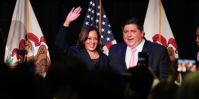 CHICAGO, ILLINOIS - SEPTEMBER 16: Vice President Kamala Harris participates in a rally to support Illinois Democrats with Illinois Governor J.B. Pritzker on the campus of UIC on September 16, 2022 in Chicago, Illinois. 